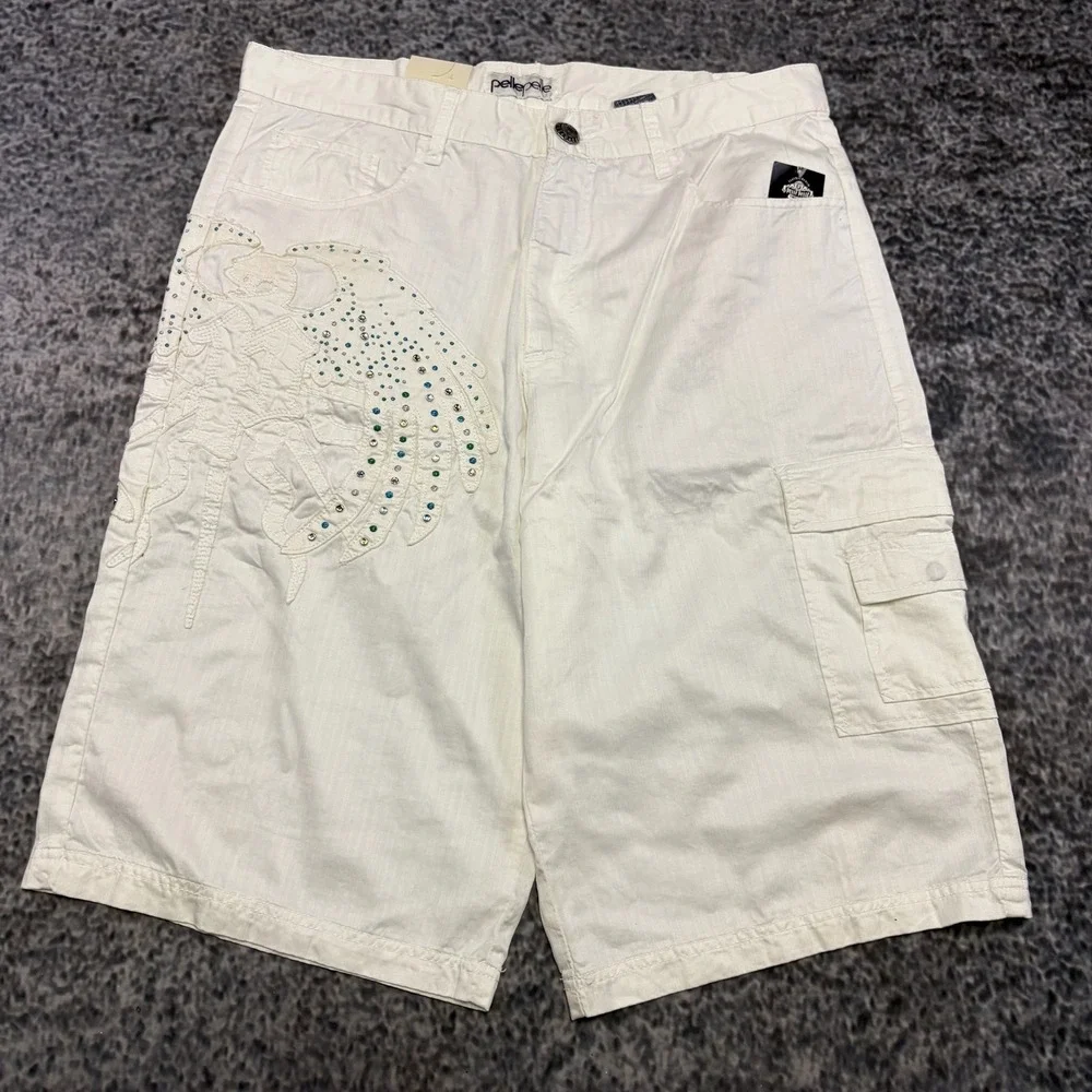 NWT Vintage Pelle Pelle Cargo Shorts Mens 36 White Baggy Hip-Hop Skater Y2K